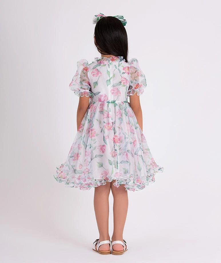 Girls Organza Ruffle Rose Dress In White 5 Girls Organza Ruffle Rose Dress In White - Image 3