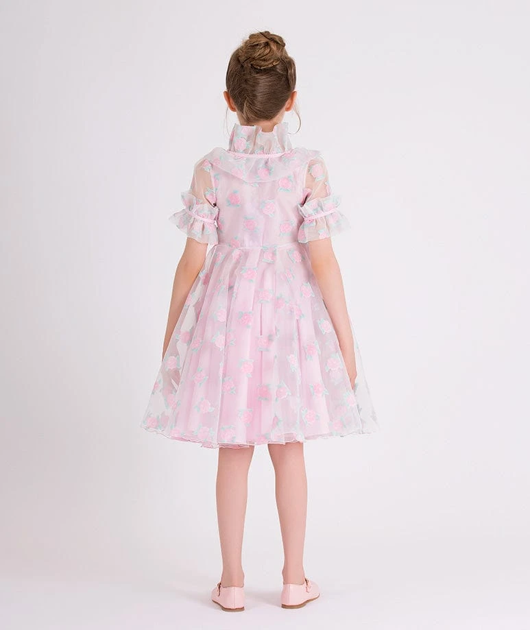 Girls Micro Flowers Princess Dress In Pink 5 Girls Micro Flowers Princess Dress In Pink - Image 3