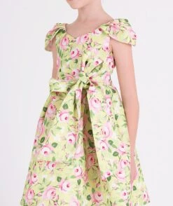 Girls Flower Print Dress With Belt In Yellow -Monna Clothing Shop 1Q1A5602