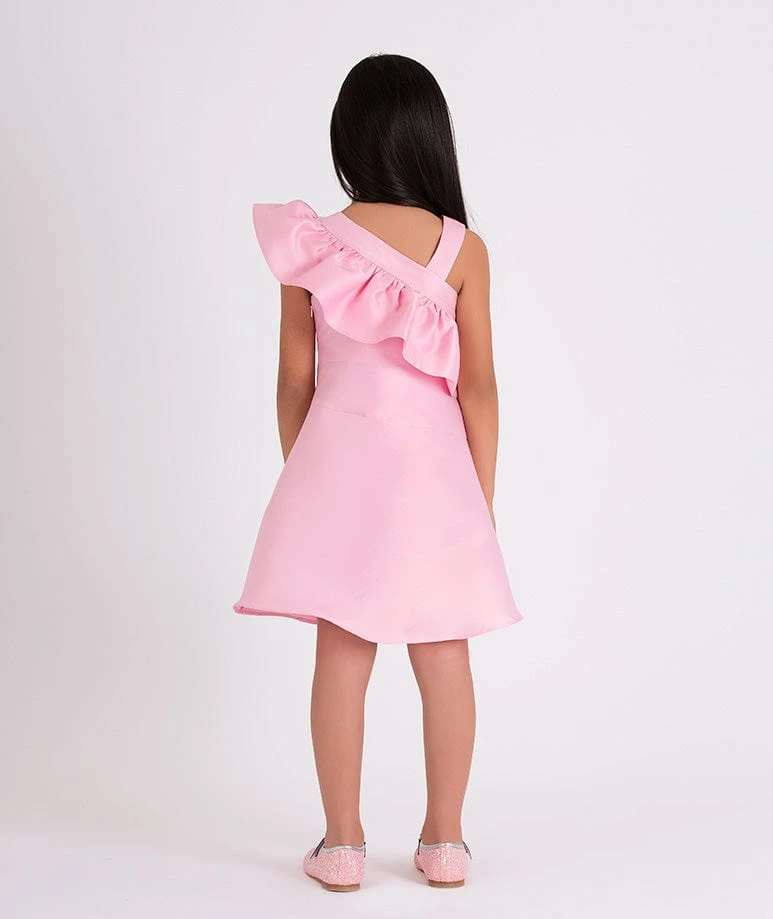 Girls One Shoulder Ruffle Dress In Pink 5 Girls One Shoulder Ruffle Dress In Pink - Image 3