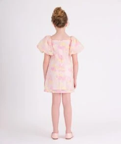 Girls Balloon Sleeve Jacquard Organza Dress In Pink -Monna Clothing Shop 1Q1A5818