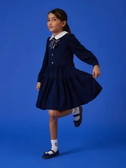 Monnalisa Girls Giselle Twill Dress In Navy -Monna Clothing Shop 674171 18DABY 4105 056S rtw frontworn B2CLARGE