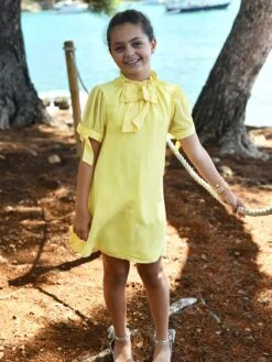 Girls Fernie Bow Trim Dress In Yellow -Monna Clothing Shop ANGS4027 YELLOW 2