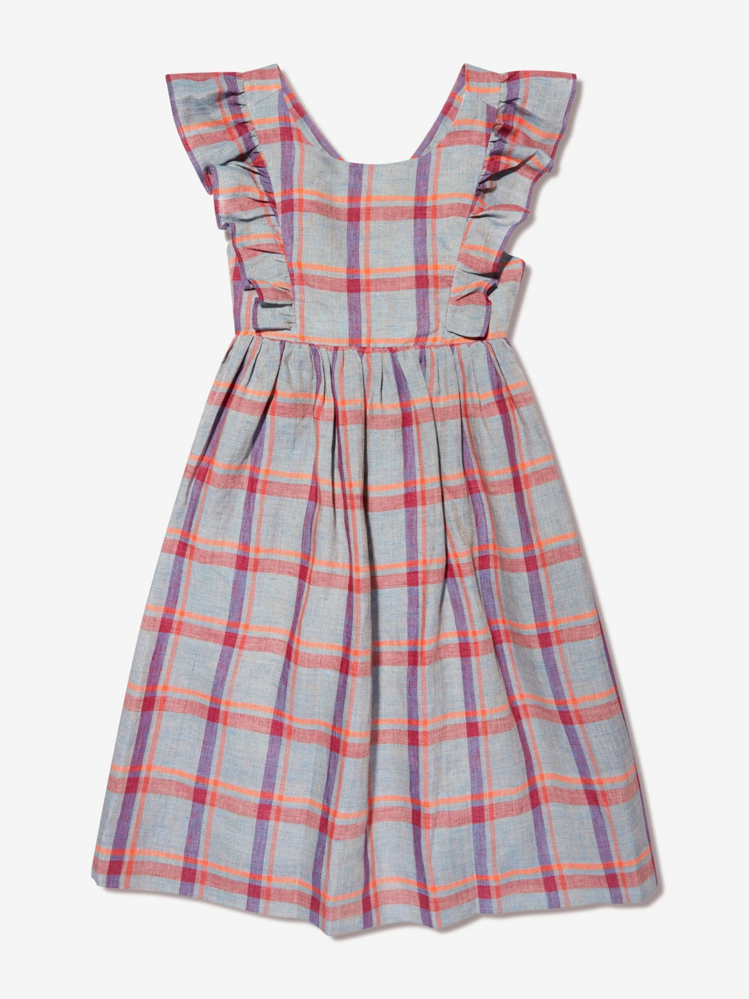 BONPOINT Girls Checked Linen Carole Dress In Grey 3 BONPOINT Girls Checked Linen Carole Dress In Grey