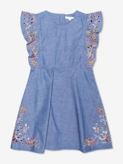 Chloé Girls Embroidered Chambray Dress In Blue