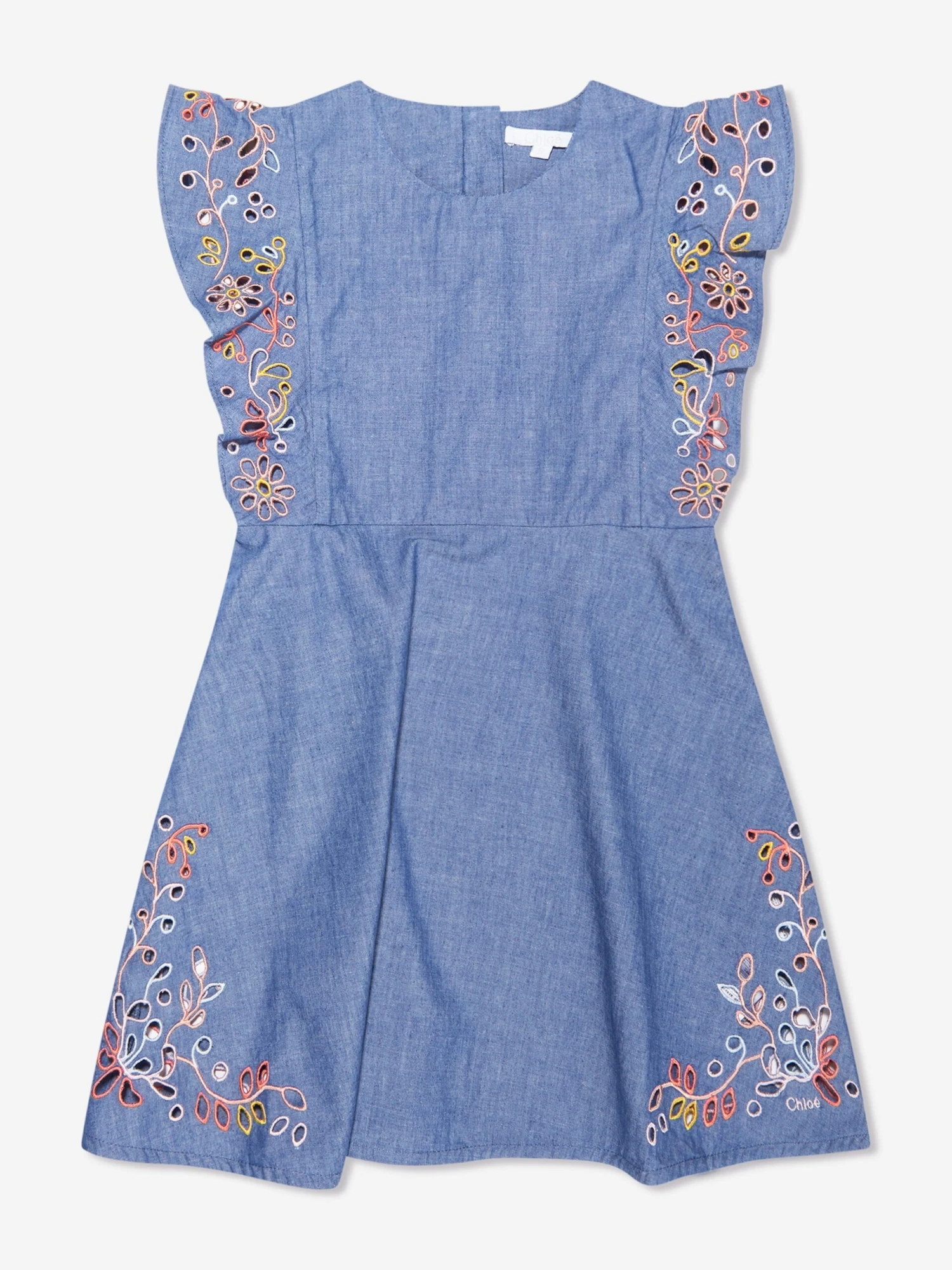 Chloé Girls Embroidered Chambray Dress In Blue 3 Chloé Girls Embroidered Chambray Dress In Blue