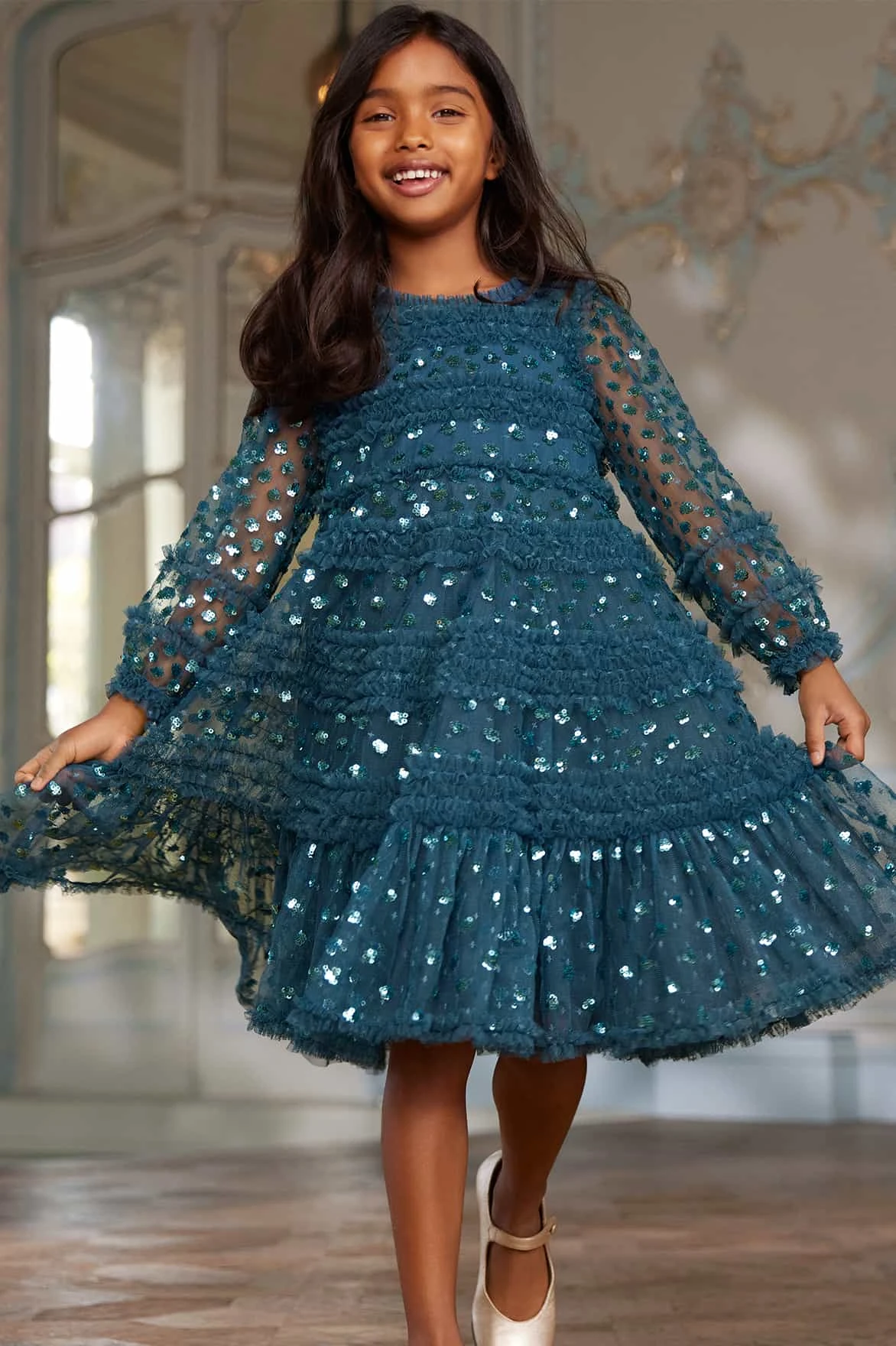 Needle & Thread Girls Dot Shimmer Long Sleeve Dress In Blue 4 Needle & Thread Girls Dot Shimmer Long Sleeve Dress In Blue - Image 2
