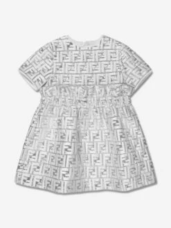 Girls Metallic Logo Brocade Dress In Silver