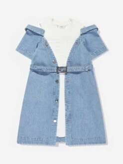 Girls Double Fabric Denim Dress In Blue