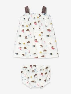 Baby Girls Bear Dress With Knickers In White