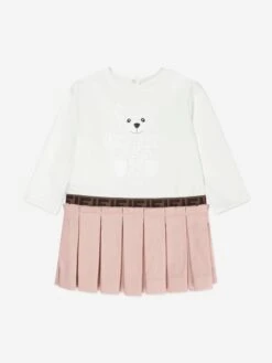 Baby Girls Long Sleeve Bear Dress In White