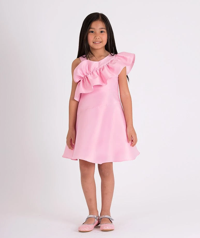 Girls One Shoulder Ruffle Dress In Pink 4 Girls One Shoulder Ruffle Dress In Pink - Image 2