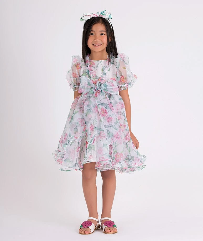 Girls Organza Ruffle Rose Dress In White 4 Girls Organza Ruffle Rose Dress In White - Image 2