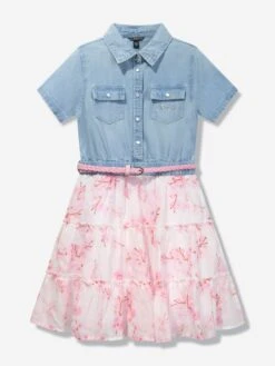 Guess Girls Chambray Floral Shirt Dress In Multicolour