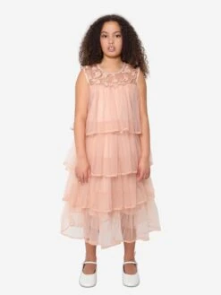 Girls Sleeveless Tiered Dress In Pink