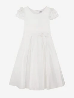 Girls Satin Flower Dress In White