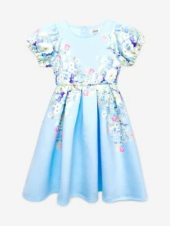 Girls Flower Print Dress In Blue
