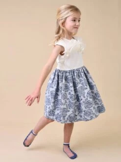 Girls Jacquard Rose Dress In Blue -Monna Clothing Shop JESS4007 BLUE ROSE JACQUARD 2