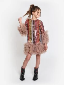 Girls Rainbow Glitter Ruffle Dress In Multicolour -Monna Clothing Shop MAIA3003 1