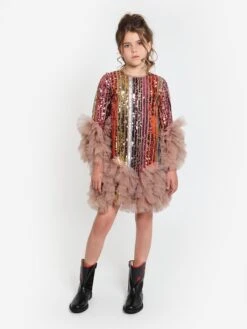 Girls Rainbow Glitter Ruffle Dress In Multicolour