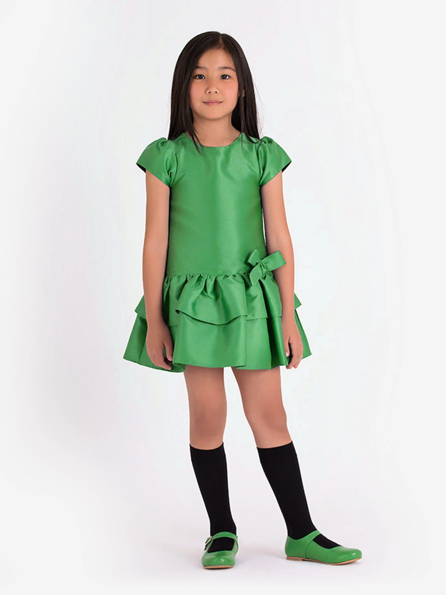 Girls Layered Bow Dress In Green 3 Girls Layered Bow Dress In Green