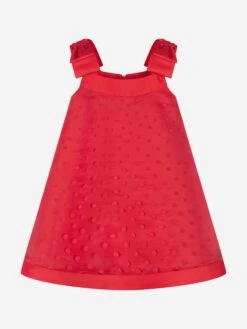 Girls Bow Detailed Organza Polka Dot Dress In Red