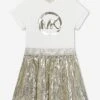 Michael Kors Girls Sequinned Logo Dress In Gold -Monna Clothing Shop MICS4011 OFF WHITE GOLD 1