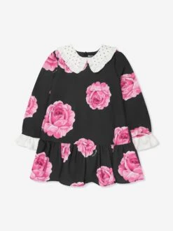 Monnalisa Girls Floral Dropped Hem Dress In Black
