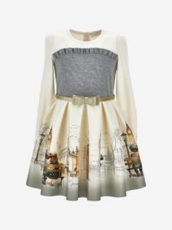 Monnalisa Girls Neoprene Romantic London Dress In Ivory 15 Monnalisa Girls Neoprene Romantic London Dress In Ivory -Monna Clothing Shop MLSA4004 IVORY 1