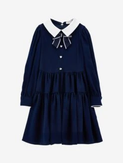 Monnalisa Girls Giselle Twill Dress In Navy -Monna Clothing Shop MLSA4012 NAVY 1