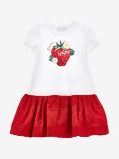 Monnalisa Girls Strawberry Jersey Dress In White