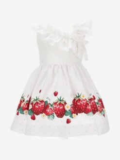 Monnalisa Girls Strawberry One Shoulder Dress In White