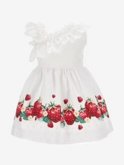 Monnalisa Girls Strawberry One Shoulder Dress In White -Monna Clothing Shop MLSS4085 BIANCO ROSSO 2