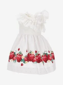 Monnalisa Girls Strawberry One Shoulder Dress In White -Monna Clothing Shop MLSS4085 BIANCO ROSSO 3
