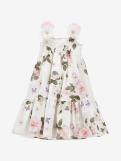 Monnalisa Girls Floral Bouquet Dress In White 9 Monnalisa Girls Floral Bouquet Dress In White -Monna Clothing Shop MLSS4087 BIANCO 2