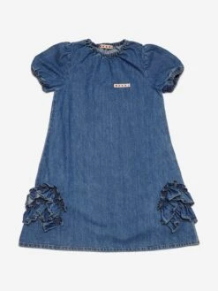 Girls Denim Ruffle Dress In Blue