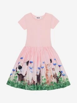 Molo Girls Yin Tang Kitten Print Dress In Pink