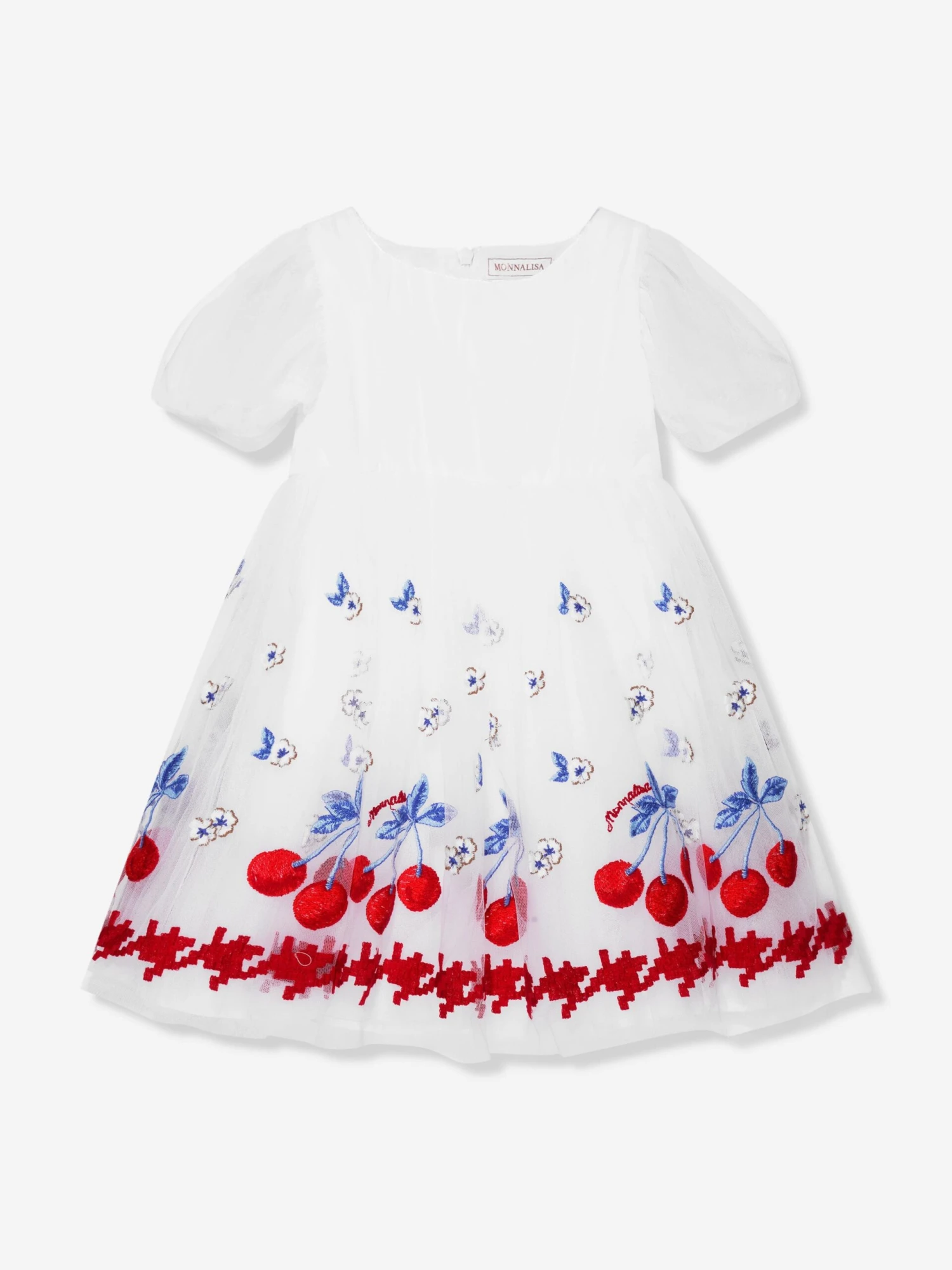 Monnalisa Girls Embroidered Cherry Tulle Dress In White 3 Monnalisa Girls Embroidered Cherry Tulle Dress In White