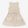 Girls Sleeveless Pocket Dress In Beige