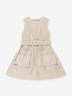 Girls Sleeveless Pocket Dress In Beige