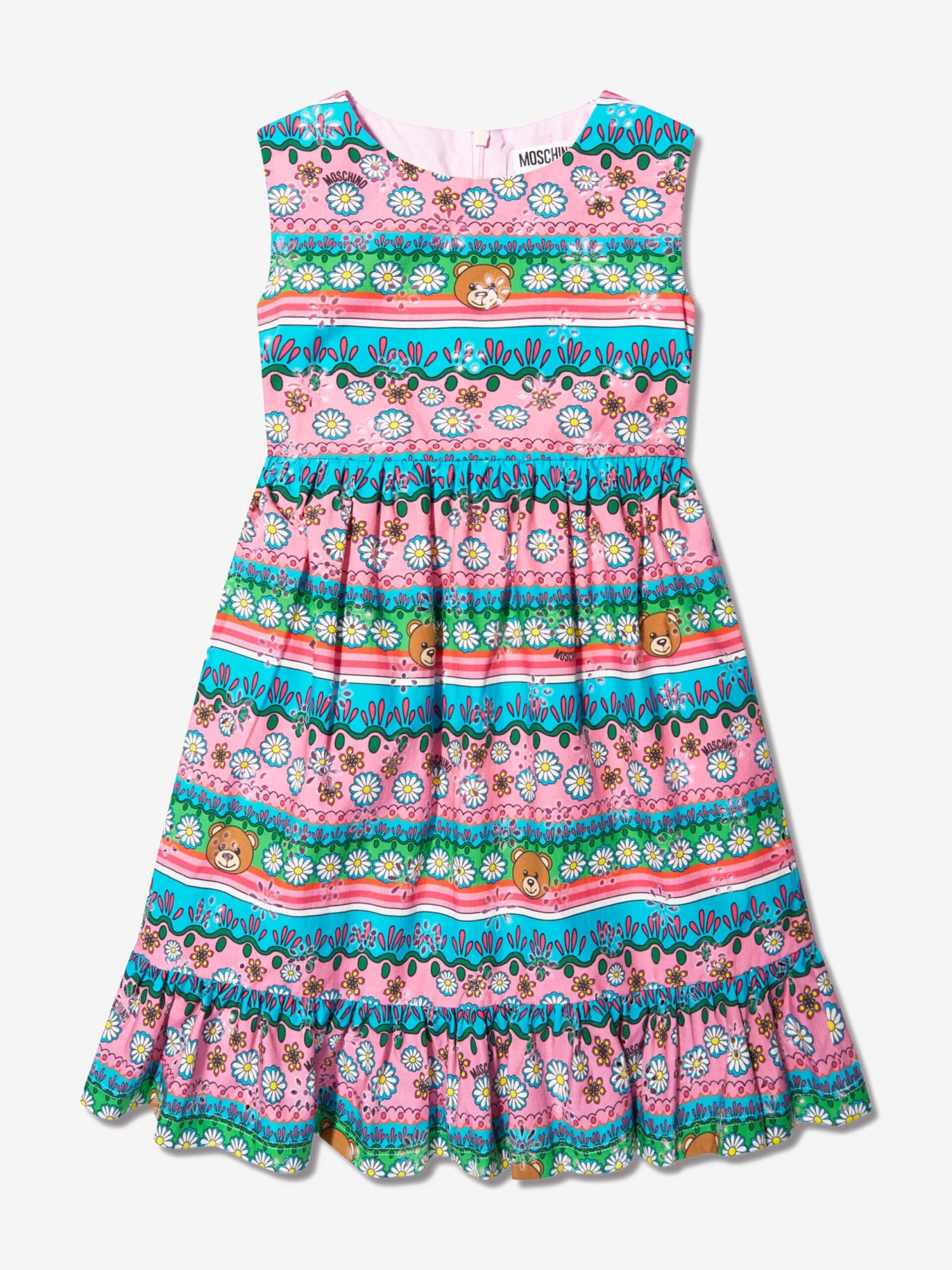 Girls Sleeveless Patterned Dress In Multicolour 3 Girls Sleeveless Patterned Dress In Multicolour