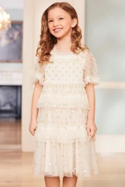 Needle & Thread Girls Polka Dot Smocked Dress In Ivory -Monna Clothing Shop POLKADOTSMOCKEDKIDSDRESS KIDSDRESS CREAMGOLD NEEDLE THREAD 6