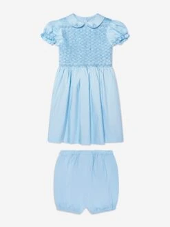 Baby Girls Rose Smocked Dress And Bloomers In Blue