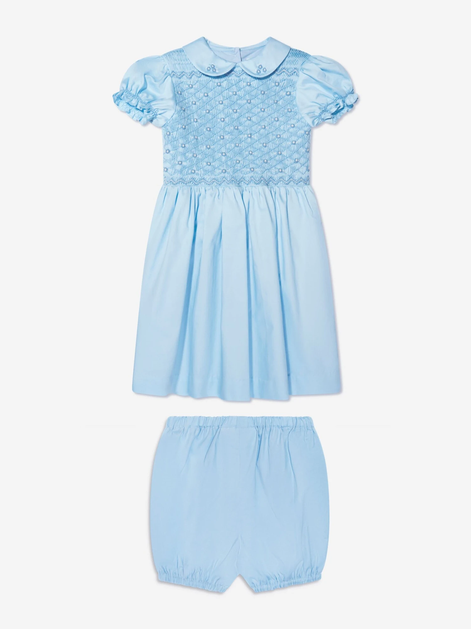 Baby Girls Rose Smocked Dress And Bloomers In Blue 3 Baby Girls Rose Smocked Dress And Bloomers In Blue