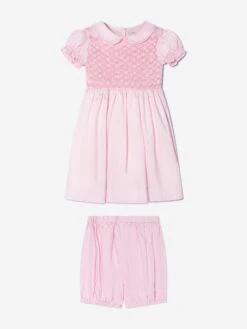 Baby Girls Bow Smocked Dress And Bloomers In Pink