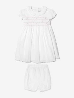 Baby Girls Swiss Dot Smocked Dress And Bloomers In Ivory