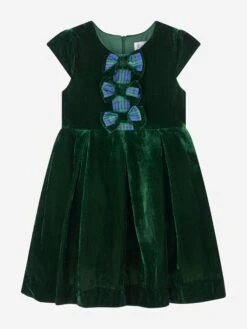 Girls Tartan Bow Velvet Dress In Green