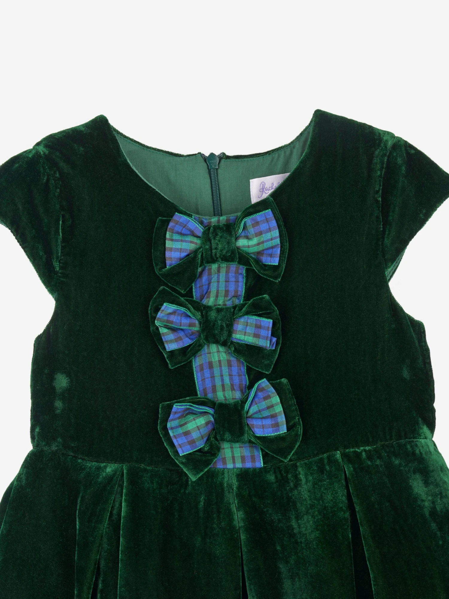 Girls Tartan Bow Velvet Dress In Green 6 Girls Tartan Bow Velvet Dress In Green - Image 4