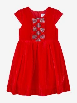 Girls Tartan Bow Velvet Dress In Red