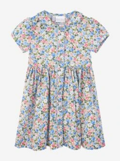 Girls Rose Button Front Dress In Blue